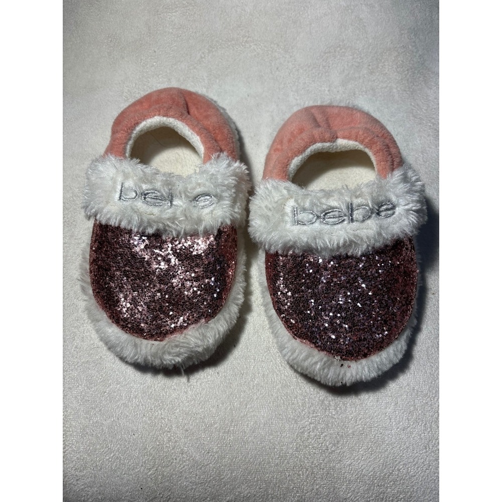 Bebe Slippers Girls M(7-8) Pink Glitter Faux Fur Trim Fleece Lined House Shoes